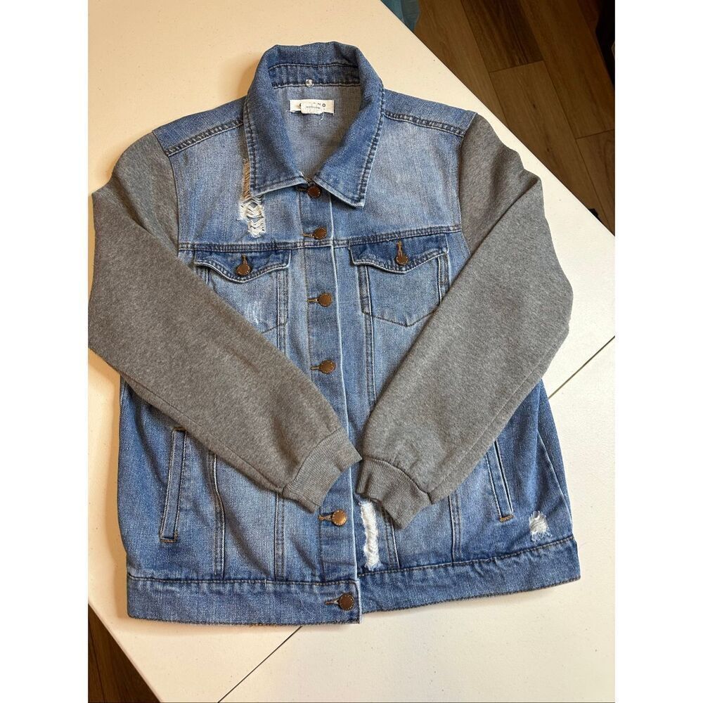 Ci Sono Women's Blue Gray Sweatshirt Sleeves Denim Jean Jacket Size Medium